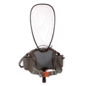 Fishpond elkhorn lumbar pack mittistaska fyrir fluguveiði séð á bakhlið töskunnar með háf.